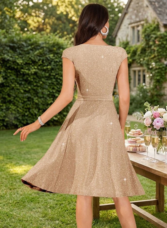 DRESSTELLS Women's Cocktail Dresses, Formal Wedding Guest Modest Church Vintage Tea Party Midi Evening Dress, Glitter_champagne, L - Image 3