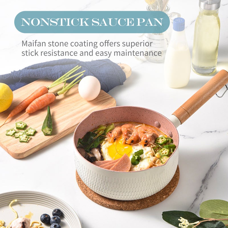 Nonstick Sauce Pan: White Small Size Maifan Stone Coating - Long Wood Handle With Hanging Loop Dual Pour Spouts for Home Kitchen Soup Milk Egg Cooking - Image 5