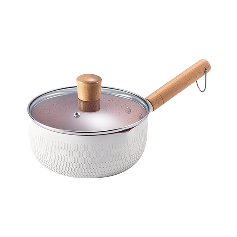Nonstick Sauce Pan: White Small Size Maifan Stone Coating - Long Wood Handle With Hanging Loop Dual Pour Spouts for Home Kitchen Soup Milk Egg Cooking - Image 1