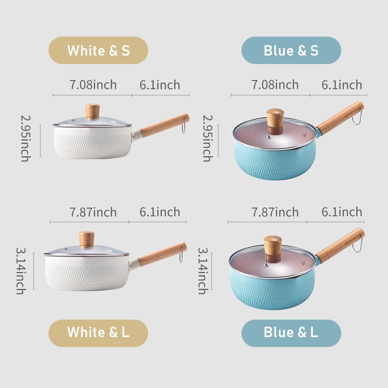 Nonstick Sauce Pan: White Small Size Maifan Stone Coating - Long Wood Handle With Hanging Loop Dual Pour Spouts for Home Kitchen Soup Milk Egg Cooking - Image 2