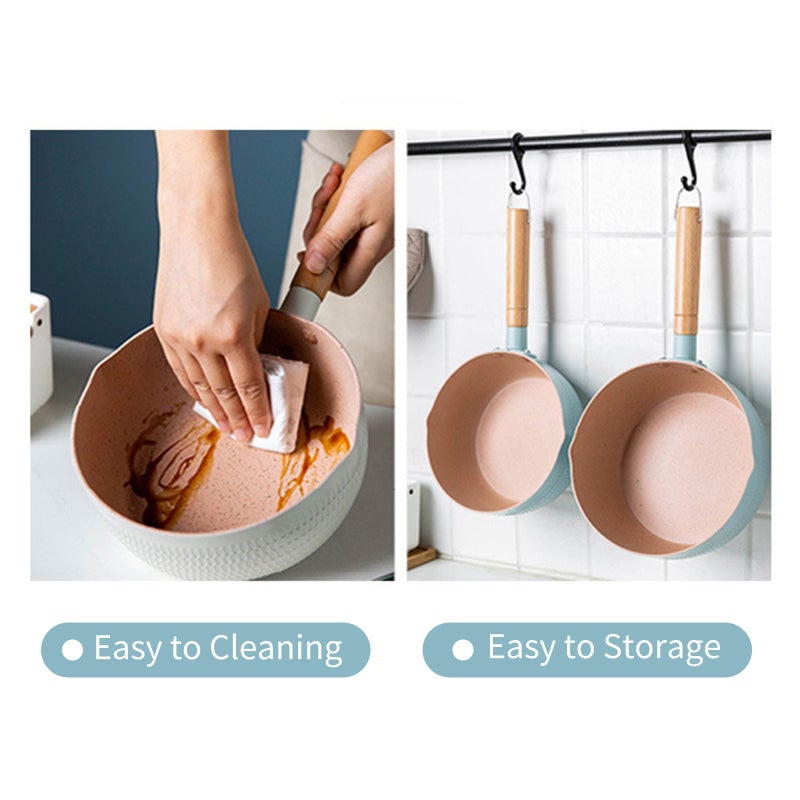 Nonstick Sauce Pan: White Small Size Maifan Stone Coating - Long Wood Handle With Hanging Loop Dual Pour Spouts for Home Kitchen Soup Milk Egg Cooking - Image 3