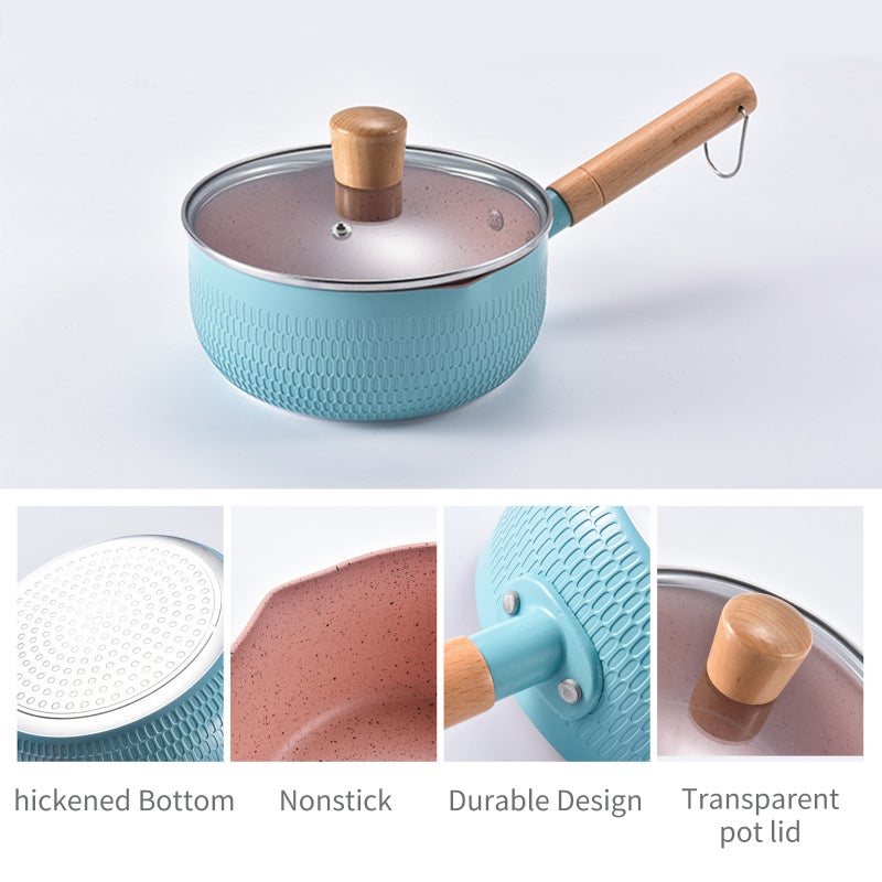 Nonstick Sauce Pan: White Small Size Maifan Stone Coating - Long Wood Handle With Hanging Loop Dual Pour Spouts for Home Kitchen Soup Milk Egg Cooking - Image 4