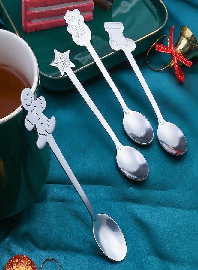 MOJMBSBY 4 Pcs Christmas Spoons Set, Christmas Style Stainless Steel Spoons Cutlery Set, Dessert Spoon Stirring Spoon Ice Cream Spoon Set Ideal Gift for Friend, Festive Celebrations Party Supply (Silver) - Image 3