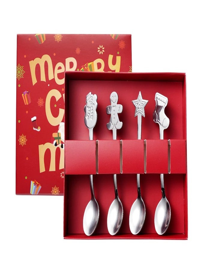 MOJMBSBY 4 Pcs Christmas Spoons Set, Christmas Style Stainless Steel Spoons Cutlery Set, Dessert Spoon Stirring Spoon Ice Cream Spoon Set Ideal Gift for Friend, Festive Celebrations Party Supply (Silver) - Image 1