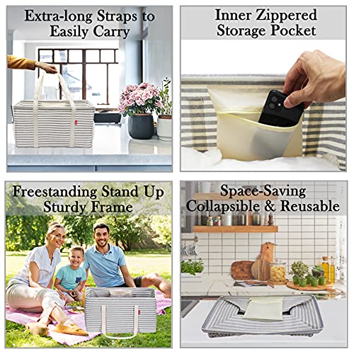 LHZK 2 Pack Extra Large Utility Tote Bag with Metal Wire Frame and the Sides Rinforced, Extra Large Tote Bag with Handle for Pool Beach Laundry Storage (Gray) - Image 3