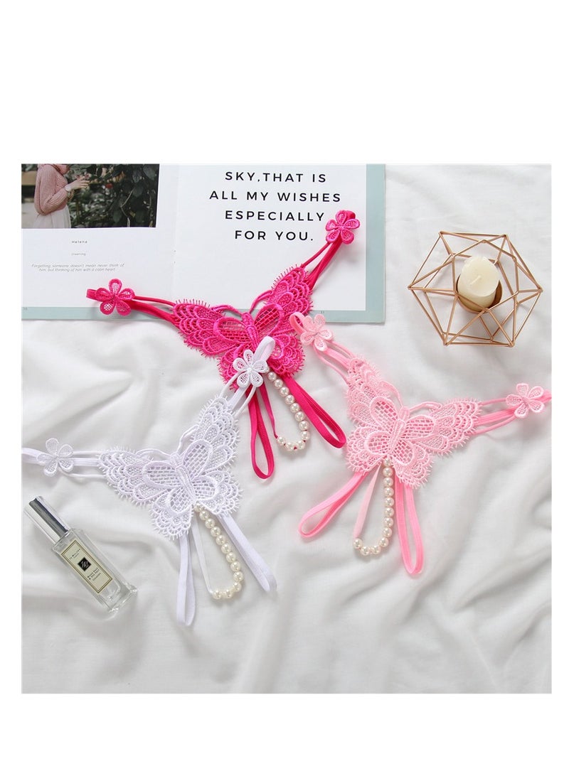 Women Lace Mid Rise Brief Underwear Breathable Scallop Trim Panties With Pearls.  - Image 3