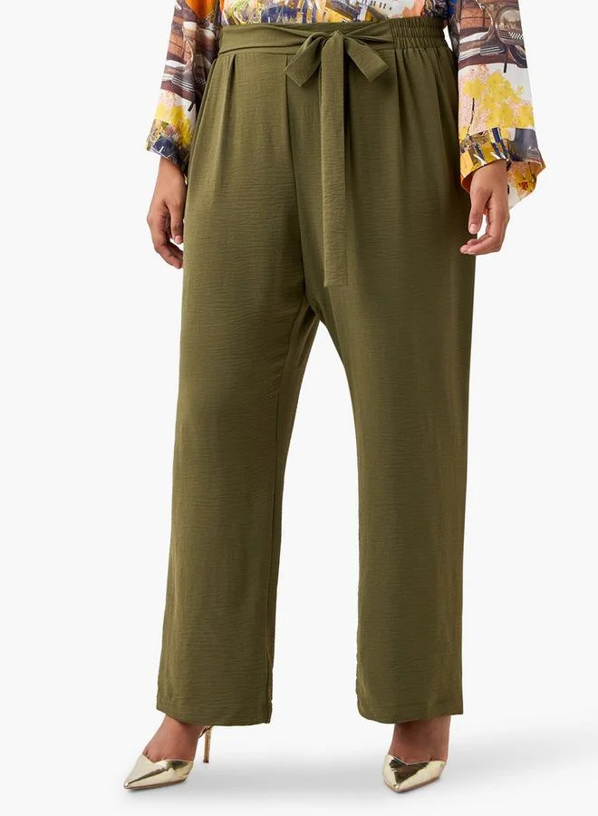 Ulla Popken Plus Size Ulla Popken Wide Leg Trousers with Tie-Up Waist