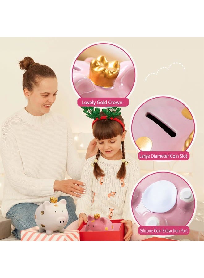 YJNSFT Piggy Bank for Girls, Small Ceramic Toddler Money Saving Bank for Boys, Porcelain Decor Coin Box, Little Decoration Pig Money Container, Unique Birthday Christmas New Year Gift for Kids (Pink) - Image 2