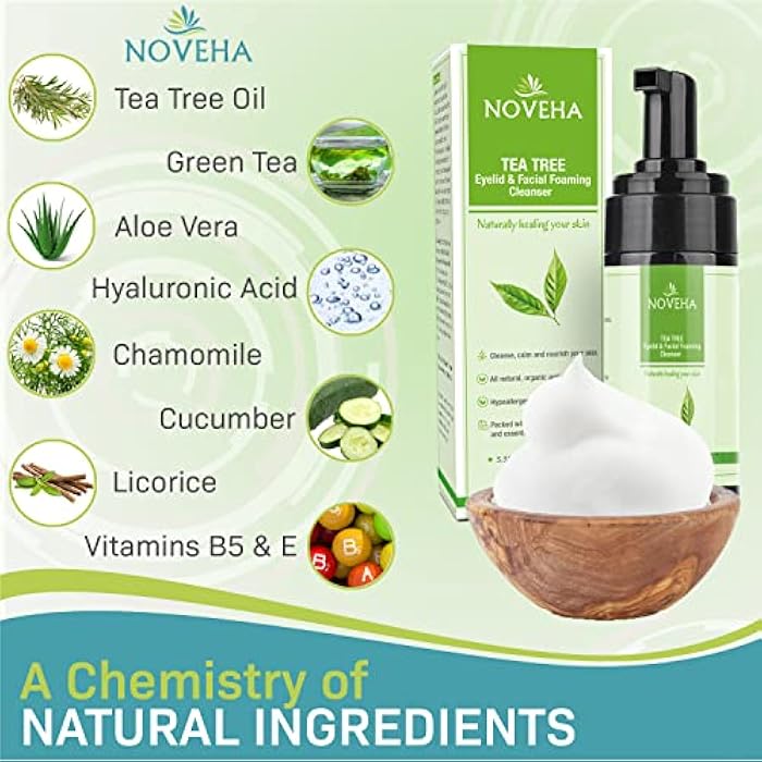NOVEHA Tea Tree Oil Foaming Gentle Cleanser | Therapeutic Daily Skincare For Eyelash & lids, Eye Irritations, Stye Eyes, Skin Dryness, Moisturize with Organic Ingredients, All Types, 3.38 Ounce - Image 2