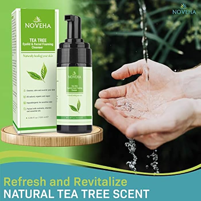 NOVEHA Tea Tree Oil Foaming Gentle Cleanser | Therapeutic Daily Skincare For Eyelash & lids, Eye Irritations, Stye Eyes, Skin Dryness, Moisturize with Organic Ingredients, All Types, 3.38 Ounce - Image 3
