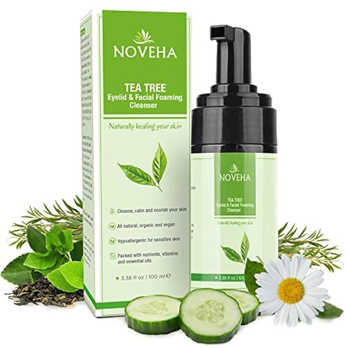 NOVEHA Tea Tree Oil Foaming Gentle Cleanser | Therapeutic Daily Skincare For Eyelash & lids, Eye Irritations, Stye Eyes, Skin Dryness, Moisturize with Organic Ingredients, All Types, 3.38 Ounce - Image 1