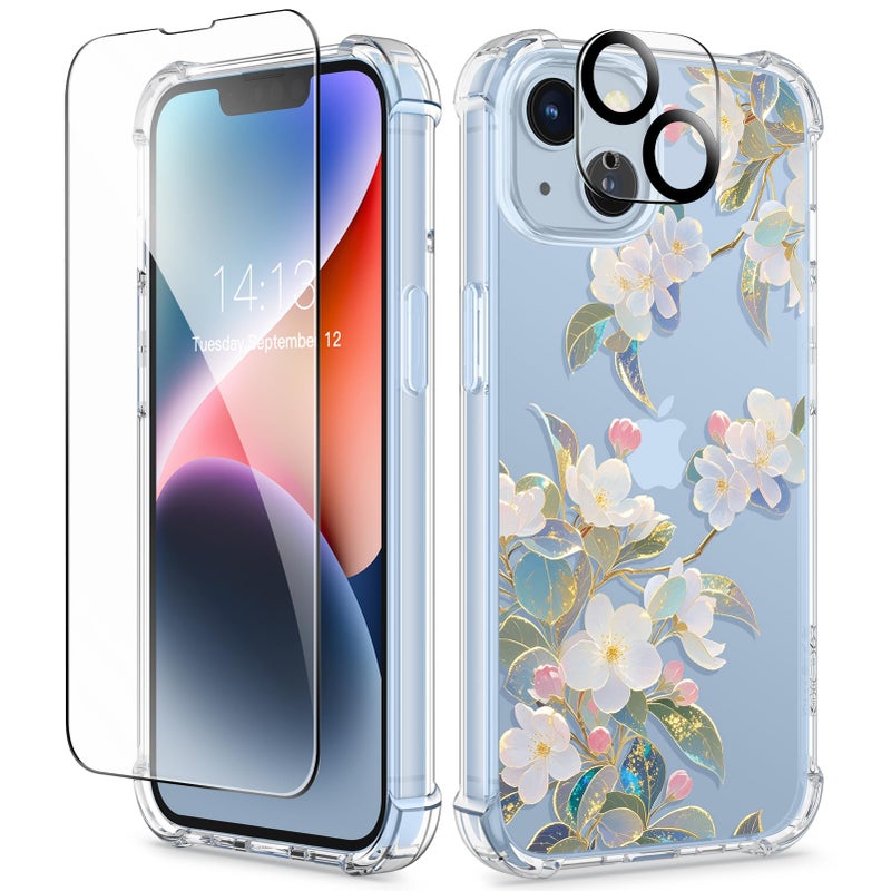 GVIEWIN for iPhone 14 Case Floral, with Screen Protector+Camera Lens Protector,[Non Yellowing]Soft Shockproof Clear Phone Protective Cover for Women, Flower Pattern Design 6.1"(Crabapple Bloom/White) - Image 1