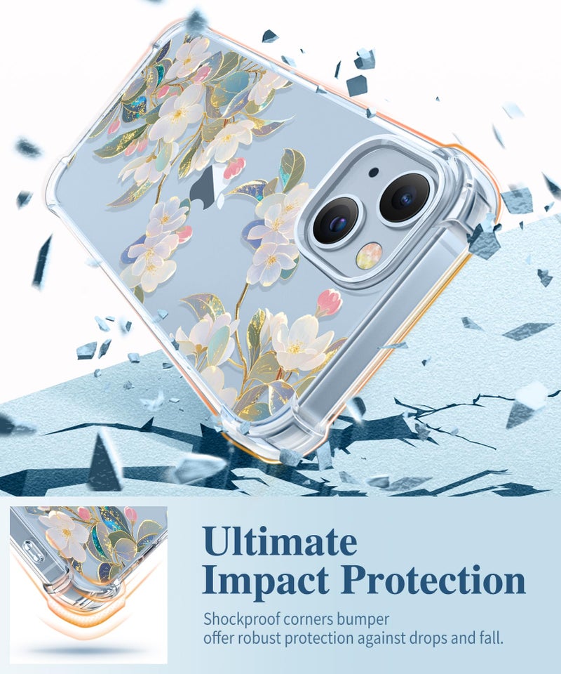GVIEWIN for iPhone 14 Case Floral, with Screen Protector+Camera Lens Protector,[Non Yellowing]Soft Shockproof Clear Phone Protective Cover for Women, Flower Pattern Design 6.1"(Crabapple Bloom/White) - Image 4