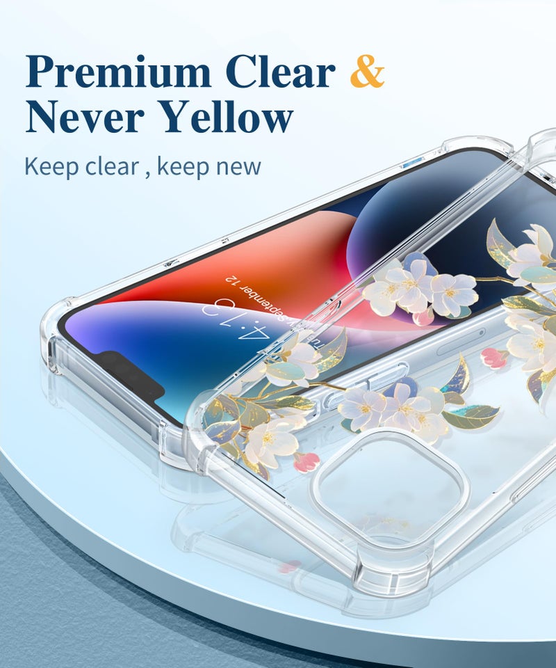 GVIEWIN for iPhone 14 Case Floral, with Screen Protector+Camera Lens Protector,[Non Yellowing]Soft Shockproof Clear Phone Protective Cover for Women, Flower Pattern Design 6.1"(Crabapple Bloom/White) - Image 3