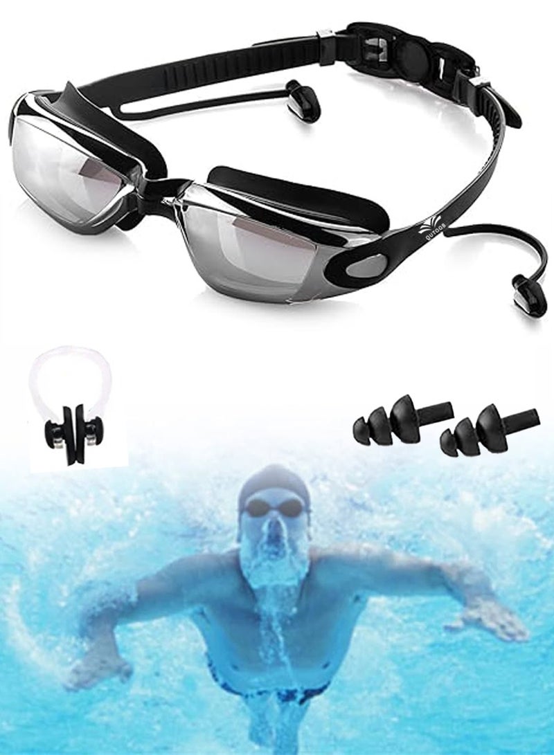 QUTOOB Swim Goggles With Attached Earplugs and Nose Clip, Waterproof Swimming Glasses With Ultra Wide Clear Vision, Anti-Fog, UV Protection, Swimming Goggles for adults, Men, Women and Professional Swimmers  - Image 1