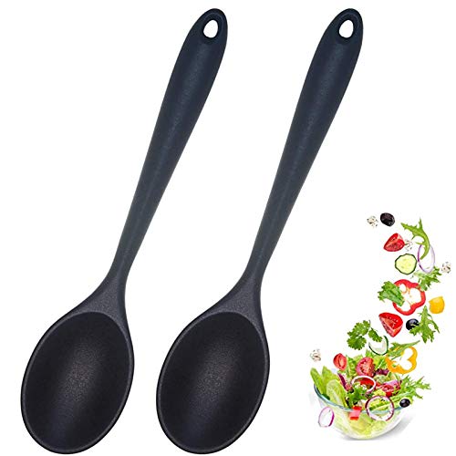 Ecerangus 2 Pcs Silicone Nonstick Mixing Spoon, Silicone Spoons for Cooking Heat Resistant, Cooking Utensil for Kitchen Cooking Baking Stirring Serving (Black) - Image 1
