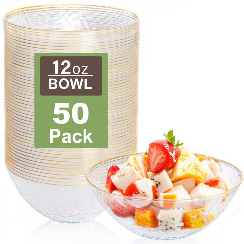 I00000 50 Pack 12 Ounce Clear Plastic Bowls Hammered with Gold Rimmed, Heavy Duty Disposable Bowl Set,Small Bowls for Wedding Day - Image 1