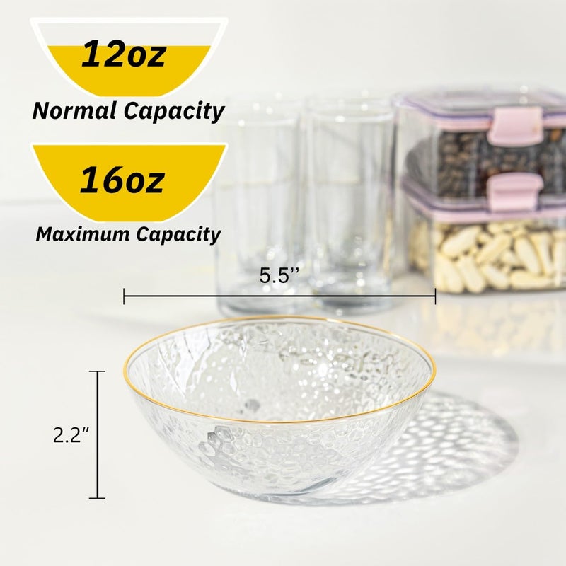 I00000 50 Pack 12 Ounce Clear Plastic Bowls Hammered with Gold Rimmed, Heavy Duty Disposable Bowl Set,Small Bowls for Wedding Day - Image 3