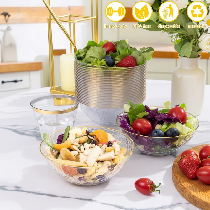 I00000 50 Pack 12 Ounce Clear Plastic Bowls Hammered with Gold Rimmed, Heavy Duty Disposable Bowl Set,Small Bowls for Wedding Day - Image 2
