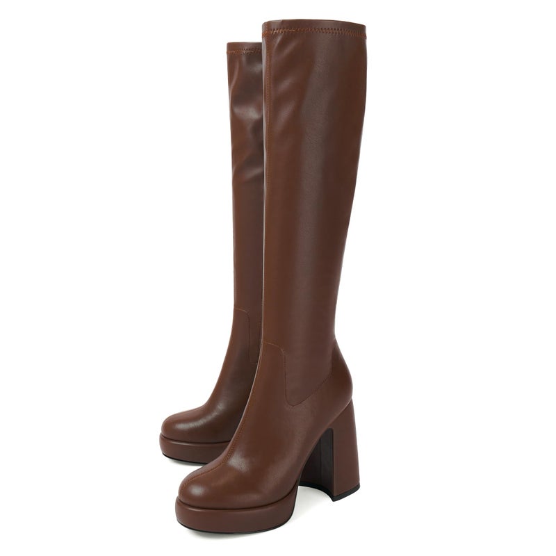 Modatope Knee High Platform Boots for Women Chunky Heel Brown Platform Knee High Boots Womens Rounded Toe Side Zipper Tall Boots for Women Size 8 - Image 3