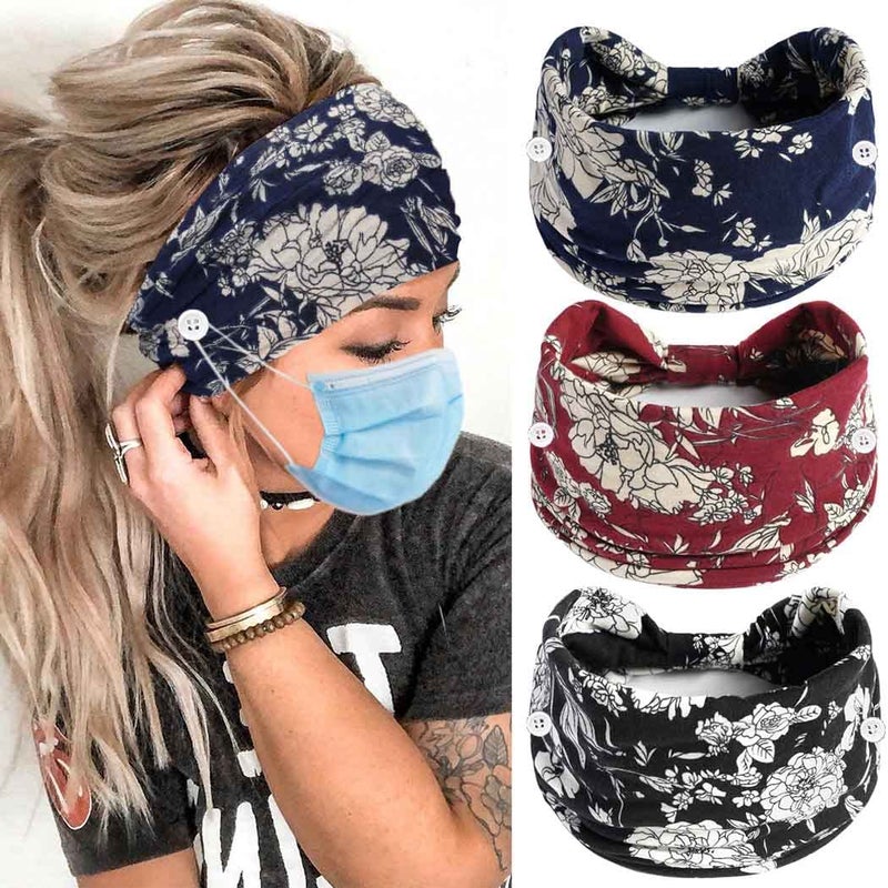 Boho Button Headband Wide Knotted Hairbands Stretch Nurse Headbands Women Head Wraps Workout Ear Saver Hair Band Leopard Turban Headwear Yoga Hair Accessories for Women 3 Pcs Set I