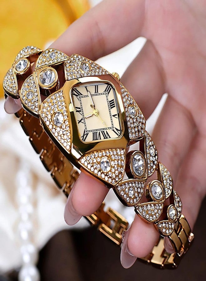 BESTKANG Elegant Women's Luxury Watch Rhombic Square Rhinestone Bracelet Roman Numerals Dial Quartz Watch Ladies Dress Analog Wrist Watches for Women, Gold, vintage - Image 5
