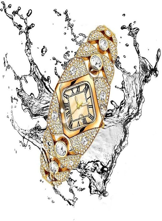 BESTKANG Elegant Women's Luxury Watch Rhombic Square Rhinestone Bracelet Roman Numerals Dial Quartz Watch Ladies Dress Analog Wrist Watches for Women, Gold, vintage - Image 4