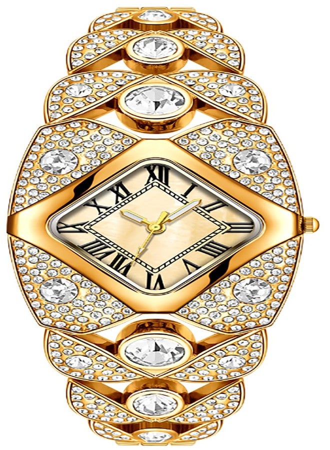 BESTKANG Elegant Women's Luxury Watch Rhombic Square Rhinestone Bracelet Roman Numerals Dial Quartz Watch Ladies Dress Analog Wrist Watches for Women, Gold, vintage - Image 1