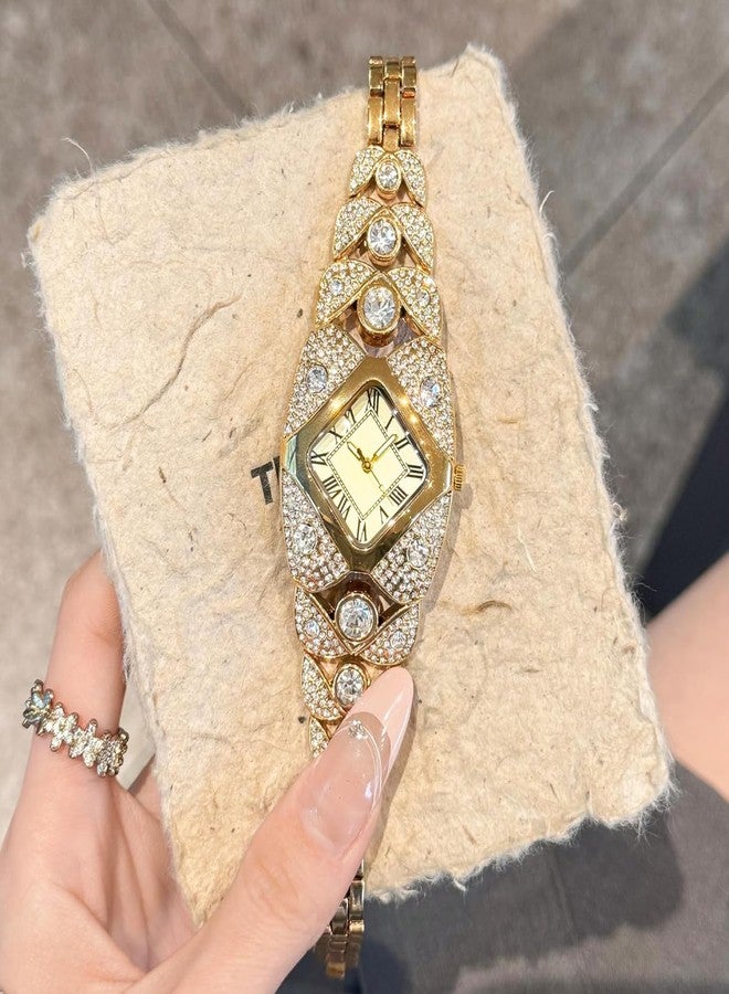 BESTKANG Elegant Women's Luxury Watch Rhombic Square Rhinestone Bracelet Roman Numerals Dial Quartz Watch Ladies Dress Analog Wrist Watches for Women, Gold, vintage - Image 3