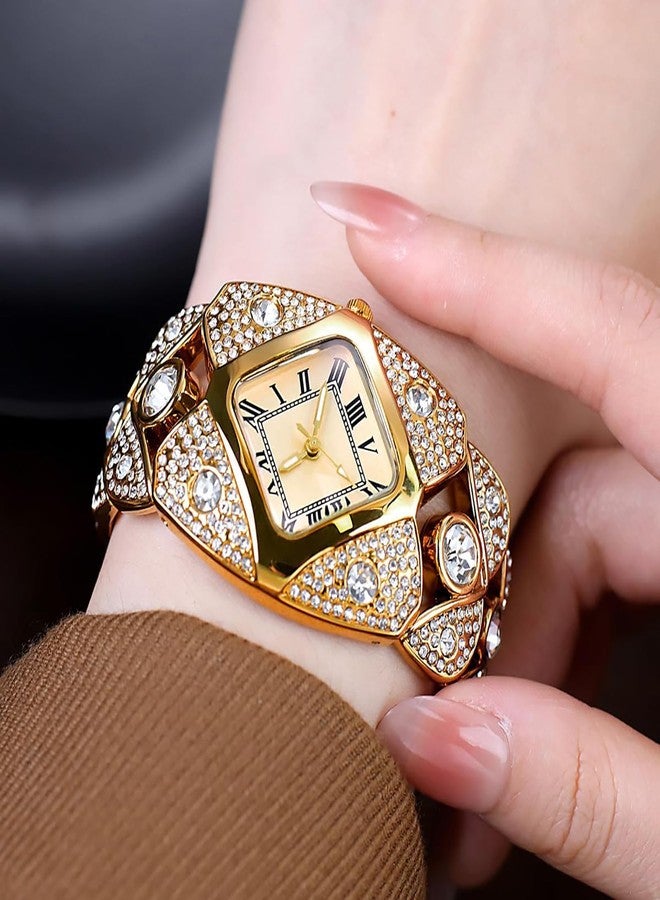 BESTKANG Elegant Women's Luxury Watch Rhombic Square Rhinestone Bracelet Roman Numerals Dial Quartz Watch Ladies Dress Analog Wrist Watches for Women, Gold, vintage - Image 2