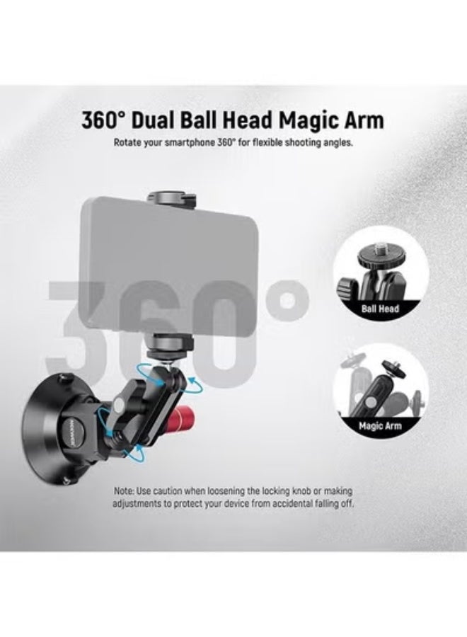 Neewer 3" Suction Cup Camera Mount Bracket with Ball Head Magic Arm, 1/4" ARRI Holes, Quick Release Car Mount with Phone Holder & Action Cam Adapter Compatible with iPhone DJI Insta360, CA104 Black - Image 4