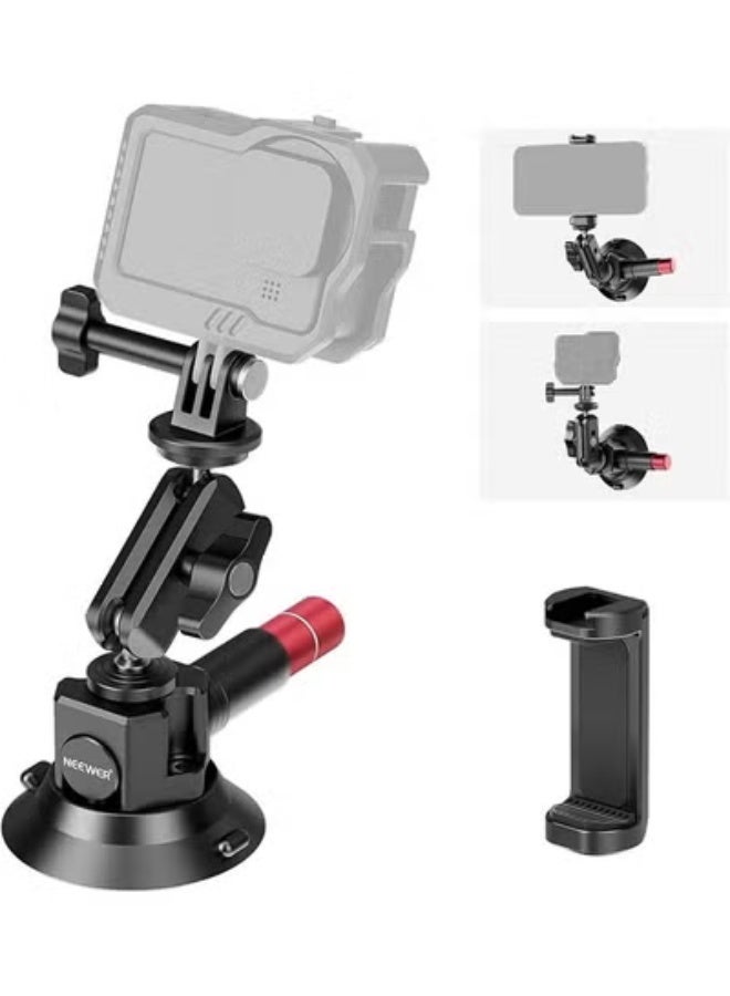 Neewer 3" Suction Cup Camera Mount Bracket with Ball Head Magic Arm, 1/4" ARRI Holes, Quick Release Car Mount with Phone Holder & Action Cam Adapter Compatible with iPhone DJI Insta360, CA104 Black - Image 1