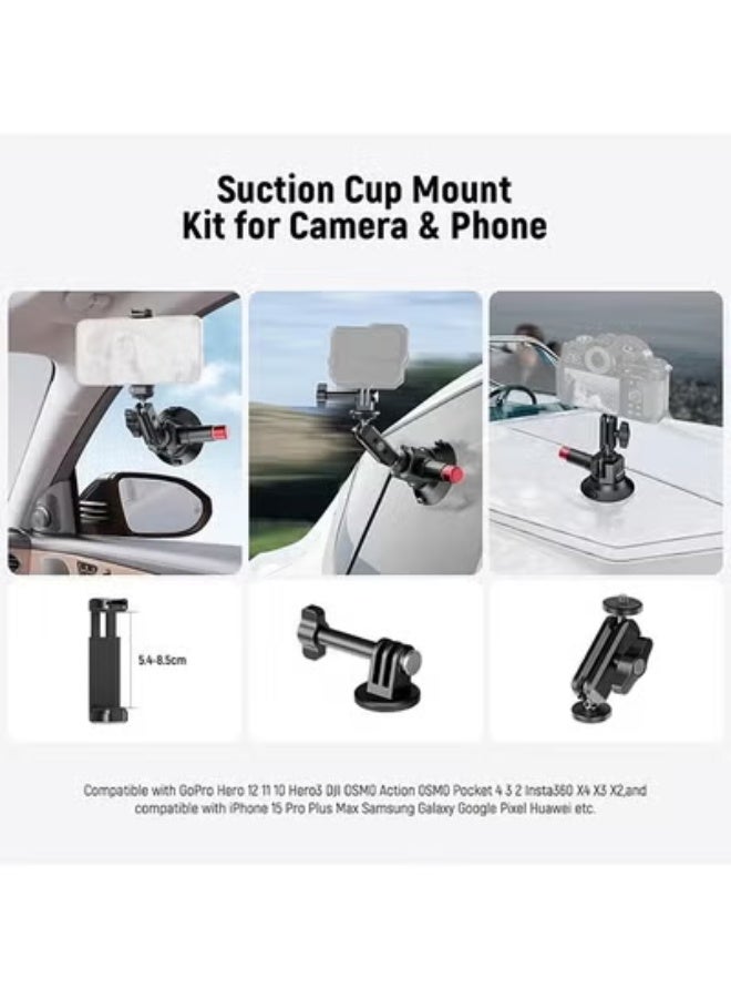 Neewer 3" Suction Cup Camera Mount Bracket with Ball Head Magic Arm, 1/4" ARRI Holes, Quick Release Car Mount with Phone Holder & Action Cam Adapter Compatible with iPhone DJI Insta360, CA104 Black - Image 2