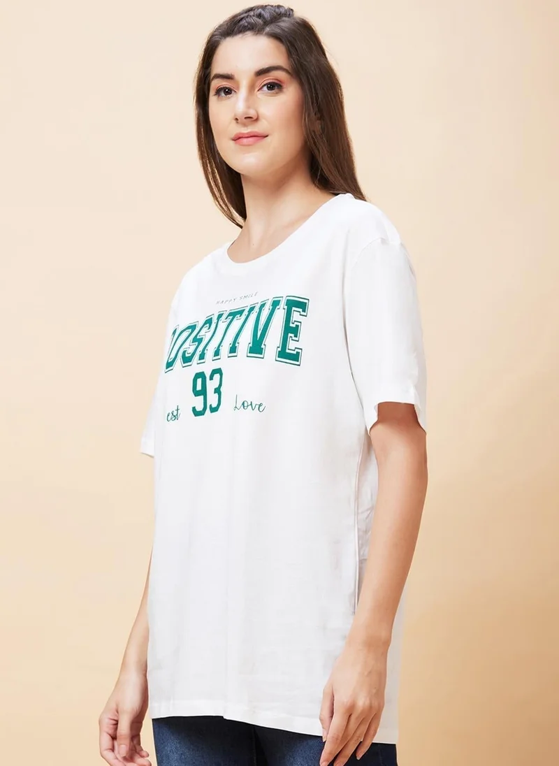 globus Globus Women Typography Printed Pure Cotton Oversized T-Shirt