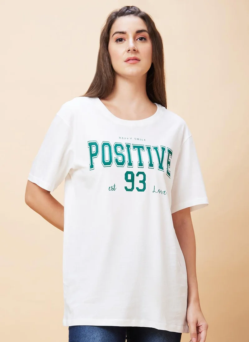 globus Globus Women Typography Printed Pure Cotton Oversized T-Shirt
