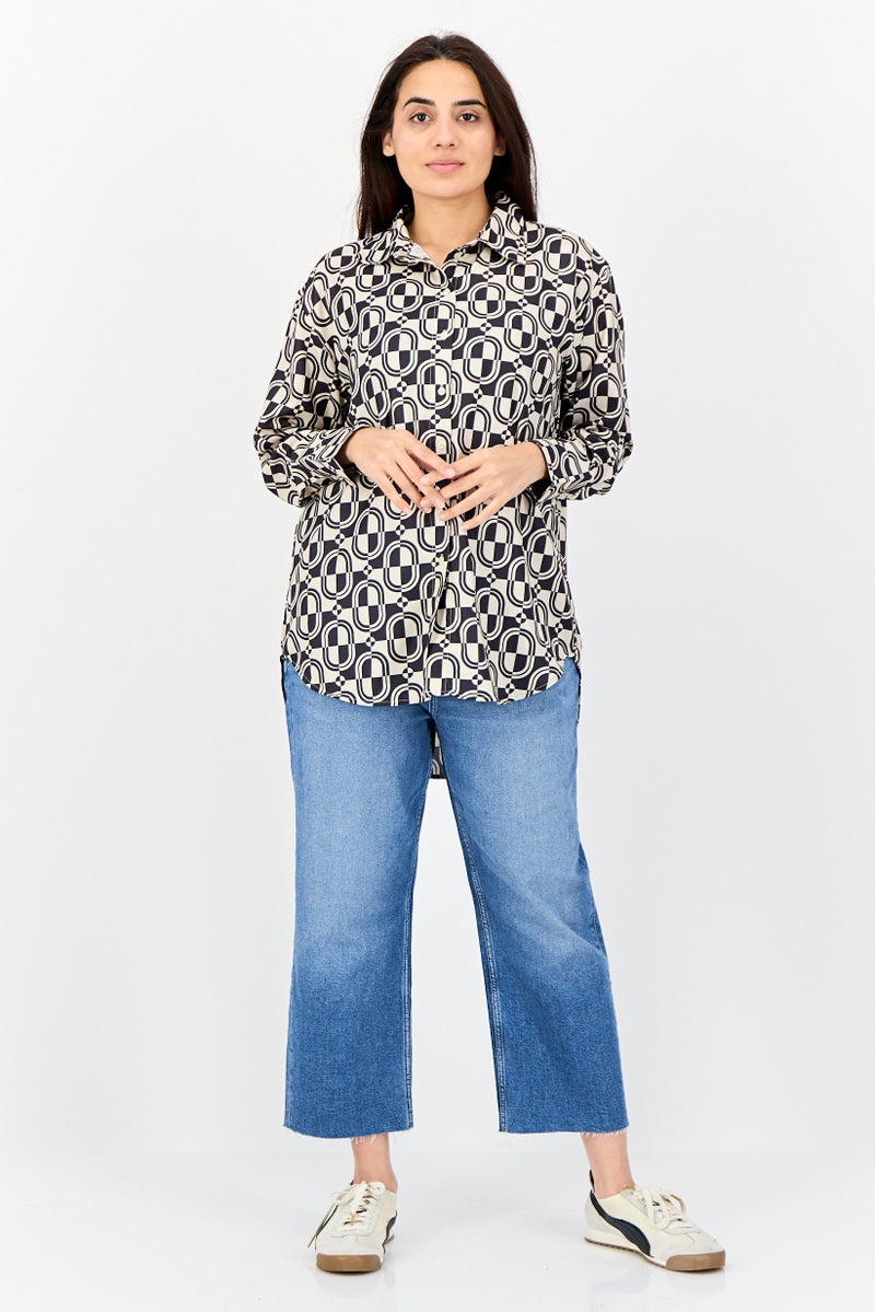 bebe Women Spread Collar Long Sleeve Allover Print Tunic Shirt, Multicolor - Image 2