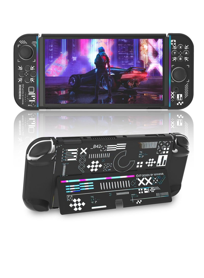 Nintendo Switch OLED Protective Case - Hard Black Cover with Cool Print, Thumb Grip Caps & Screen Protector, Shockproof & Scratch-Resistant - Image 1