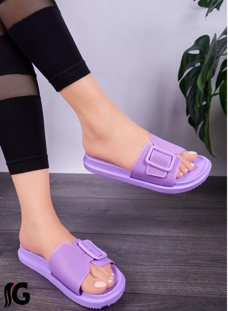 Women's slippers with elastic buckle, purple color - Image 2