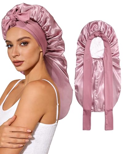 AWAYTR Long Satin Bonnet for Sleeping Double Layer Reversible Silk Bonnet for Long Hair Women Sleeping Cap with Tie Band Rose GoldPink - Image 1
