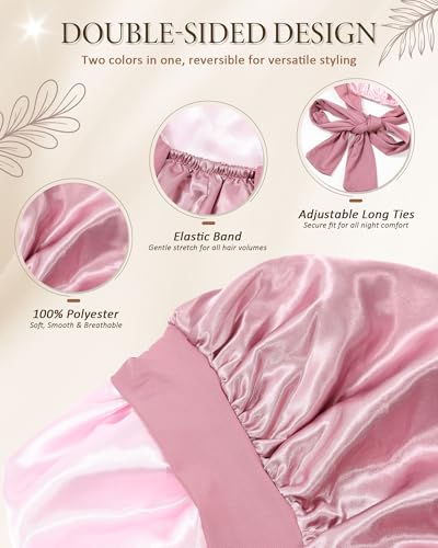 AWAYTR Long Satin Bonnet for Sleeping Double Layer Reversible Silk Bonnet for Long Hair Women Sleeping Cap with Tie Band Rose GoldPink - Image 3