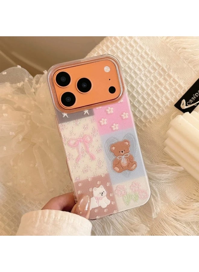 غطاء iPhone 17 Pro Max مع غطاء شفاف لطيف مزين بالزهور على شكل دب تيدي - غطاء خلفي وردي مقاوم للصدمات من مادة TPU - Image 1