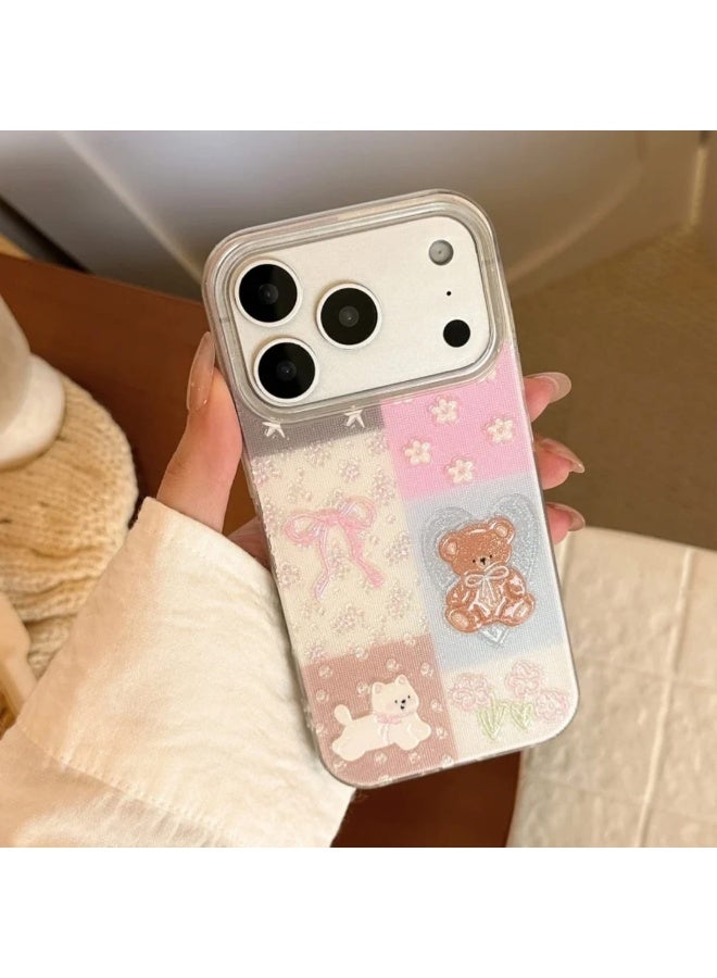 غطاء iPhone 17 Pro Max مع غطاء شفاف لطيف مزين بالزهور على شكل دب تيدي - غطاء خلفي وردي مقاوم للصدمات من مادة TPU - Image 2