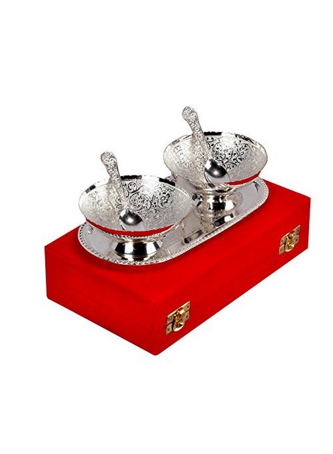 JAIPUR ACE Round German Silver Plated Bowl with Tray Set Includes -1 Tray, 2 Bowls (150 ml), 2 Spoons | Diwali Gift Set | katori chammach | Serving Bowl | Snack Bowls (Pack of 1) - Image 2