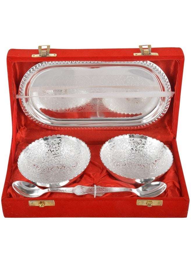 JAIPUR ACE Round German Silver Plated Bowl with Tray Set Includes -1 Tray, 2 Bowls (150 ml), 2 Spoons | Diwali Gift Set | katori chammach | Serving Bowl | Snack Bowls (Pack of 1) - Image 1