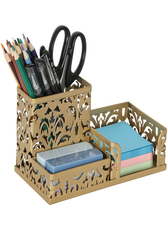 EasyPAG Desk Organizer 3 Compartment Pen Holder for Desk Office Supplies Caddy with Sticky Notes Holder for School Home, Gold - Image 1