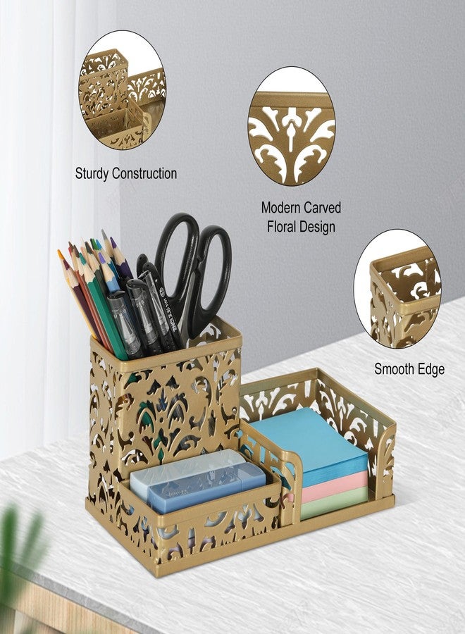 EasyPAG Desk Organizer 3 Compartment Pen Holder for Desk Office Supplies Caddy with Sticky Notes Holder for School Home, Gold - Image 3