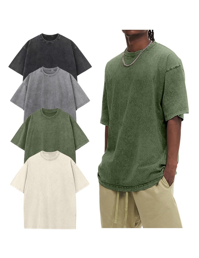 Arssm 4 Pack Oversized Tshirts for Men Acid Wash Loose Fit Vintage Cotton Heavyweight T Shirts Baggy Tees(BlackGreyArmyBeige-L) - Image 1