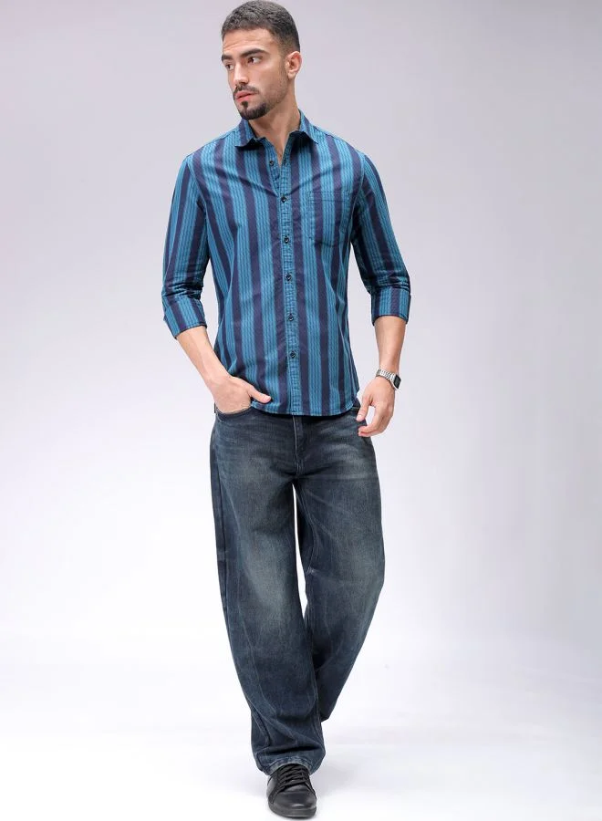 The Indian Garage Co Men Slim Fit Striped Full Sleeves Cutaway Collar Casual Shirt