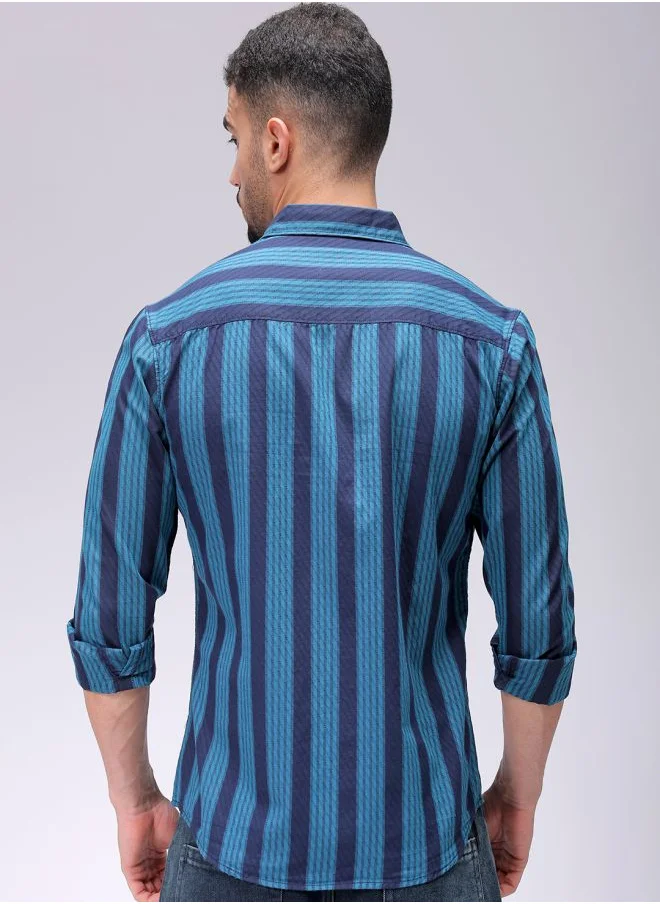 The Indian Garage Co Men Slim Fit Striped Full Sleeves Cutaway Collar Casual Shirt