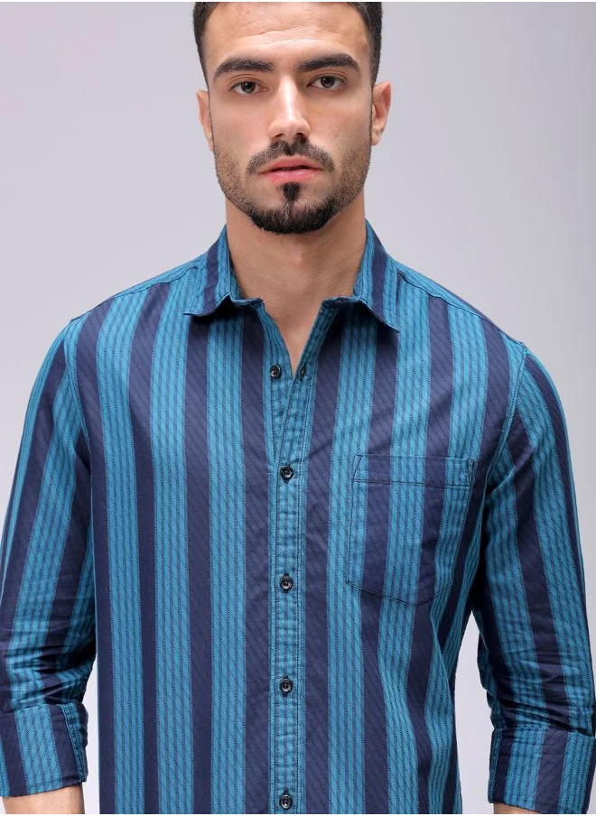 The Indian Garage Co Men Slim Fit Striped Full Sleeves Cutaway Collar Casual Shirt